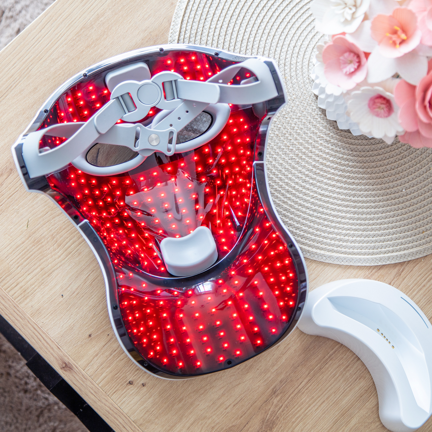 Wireless professional treatment LED face and neck mask with charging station